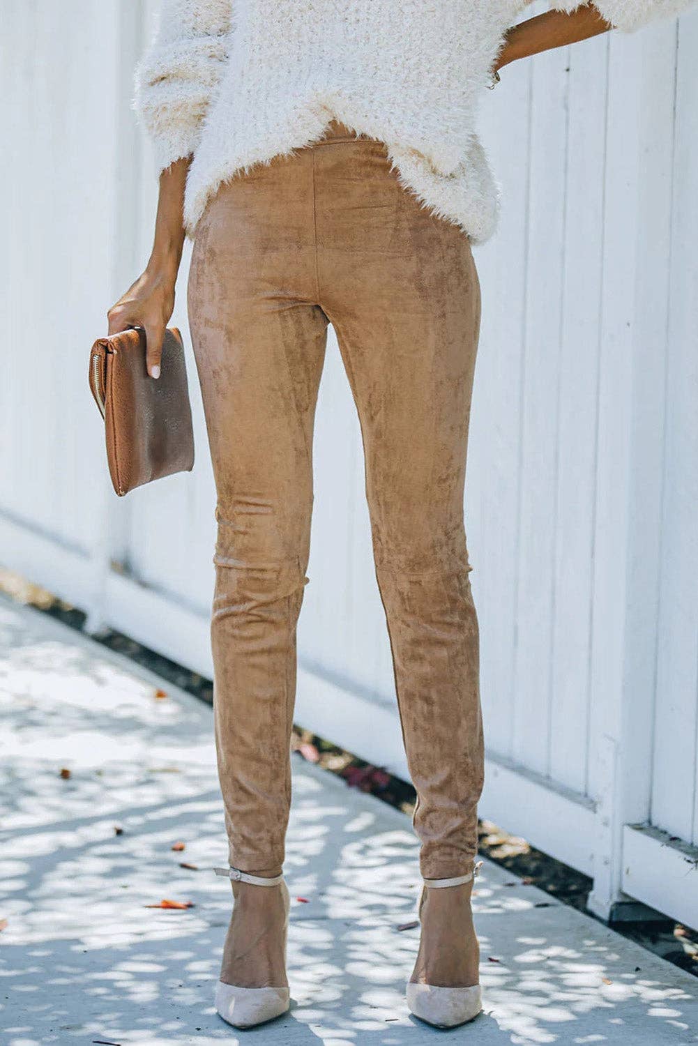 Khaki Mid Rise Faux Suede Leggings