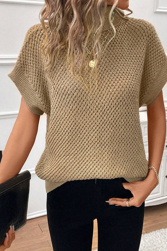 Khaki Turtleneck Short Sleeve Sweater