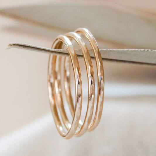 Thin Hammered Band Stacking Rings - Waterproof, Open Sizing